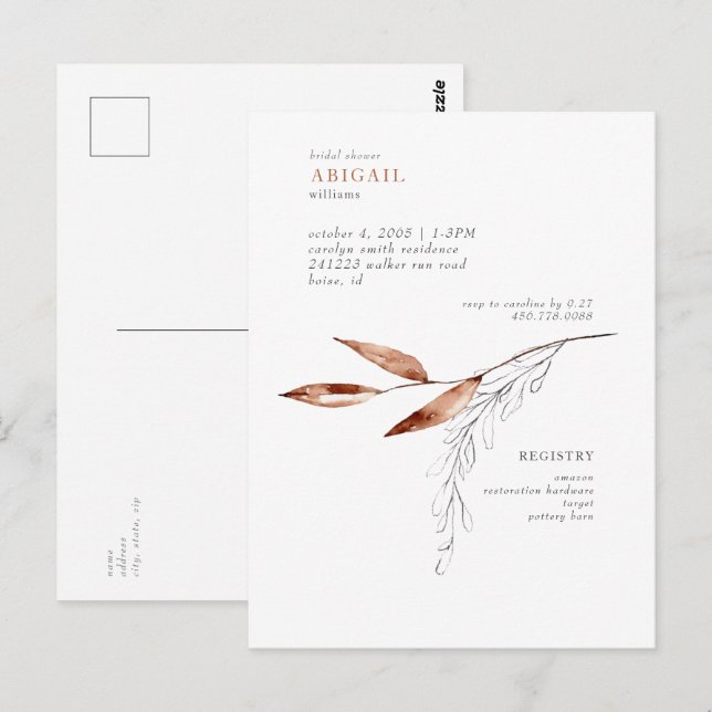 Simple Terracotta Modern Foliage Bridal Shower Postcard (Front/Back)