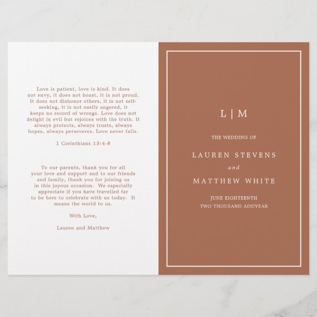 Simple Terracotta Monogram Elegant Wedding Program (Front)