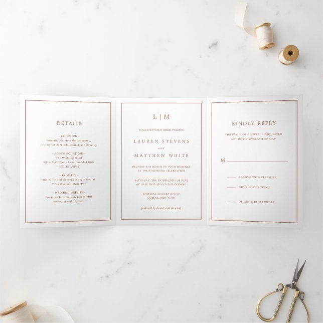 Simple Terracotta Monogram Elegant Wedding Tri-Fold Invitation (Inside)
