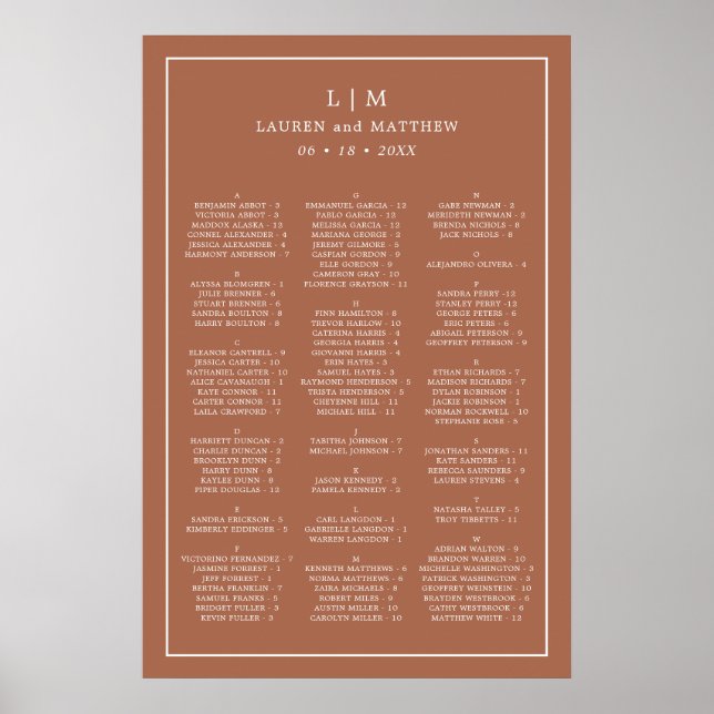 Simple Terracotta Monogram Wedding Seating Chart (Front)