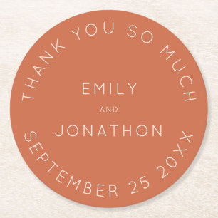 Simple Terracotta Names Date Text Custom Wedding Round Paper Coaster
