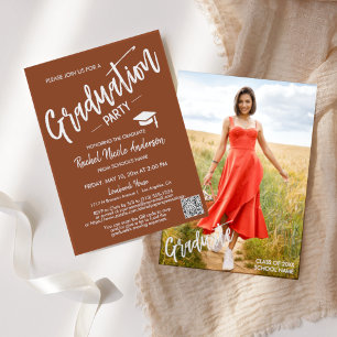 Simple Terracotta QR Code Photo Graduation Party Invitation