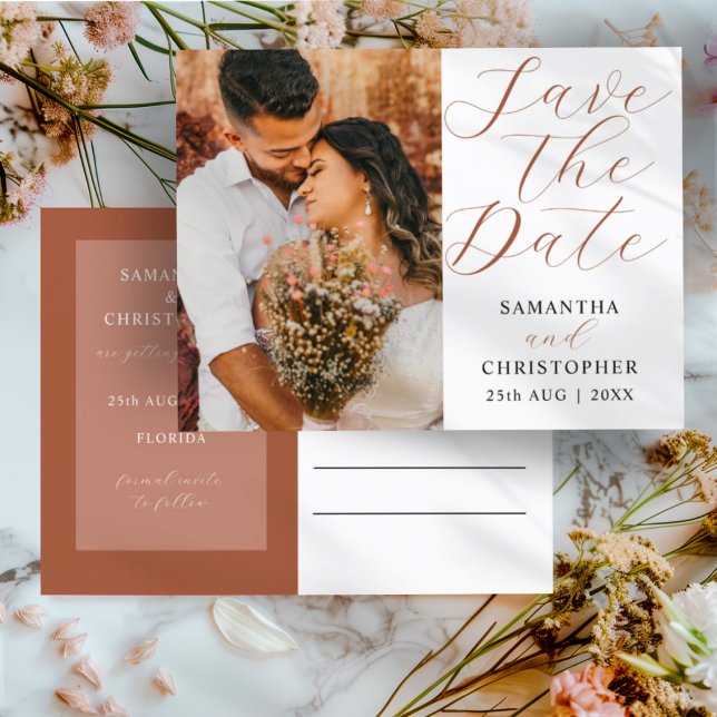 Simple Terracotta Save the Date Wedding Announcement Postcard (Creator Uploaded)