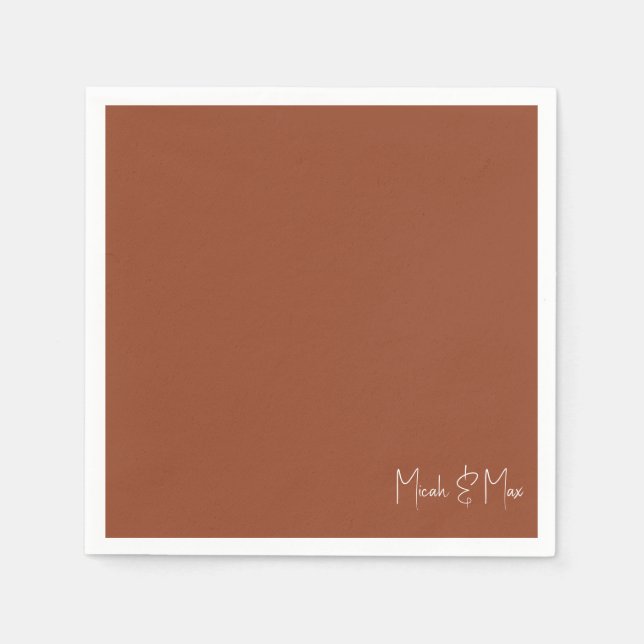 Simple Terracotta Script Names Wedding Cocktail Napkin (Front)