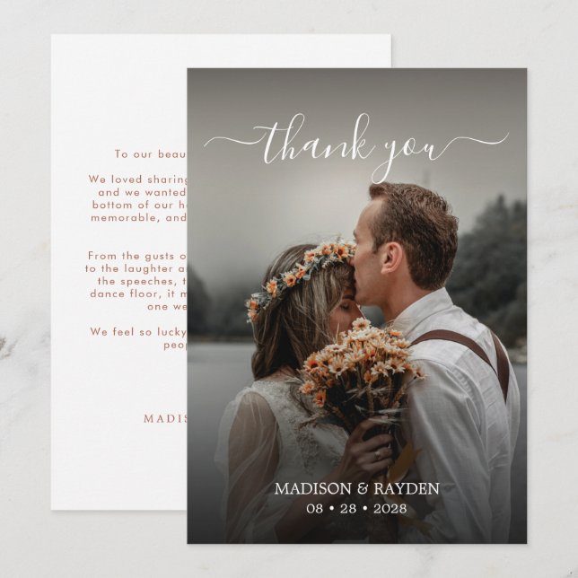 Simple Terracotta Script Overlay Wedding Photo Thank You Card (Front/Back)