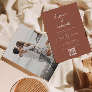 Simple Terracotta Script Photo QR Code Wedding Invitation