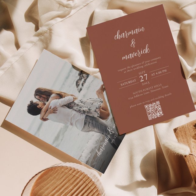 Simple Terracotta Script Photo QR Code Wedding Invitation (Creator Uploaded)