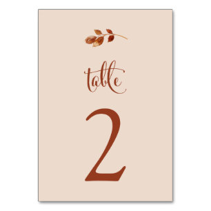 Simple Terracotta Taupe Fall Leaves Boho Wedding Table Number