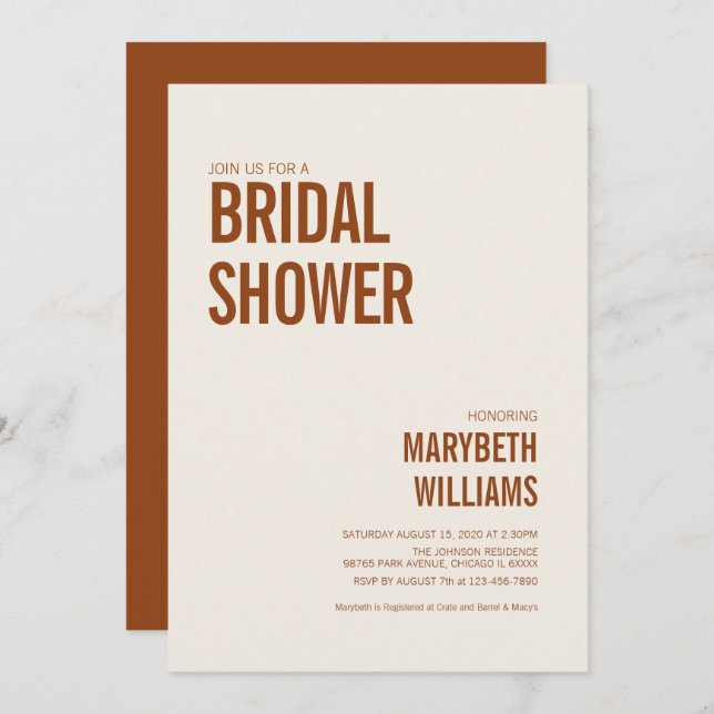 Simple Terracotta Typography Bridal Shower Invitation (Front/Back)