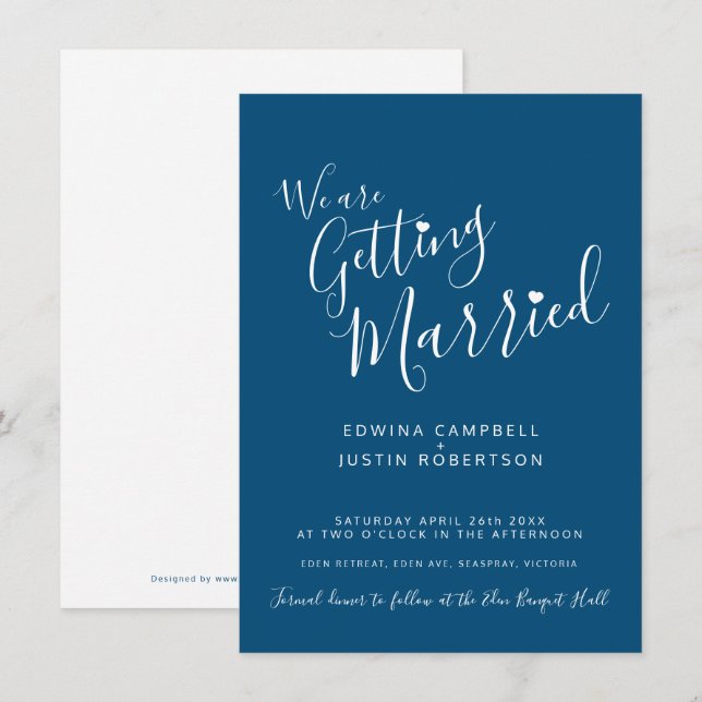 Simple text and heart blue white wedding invites (Front/Back)