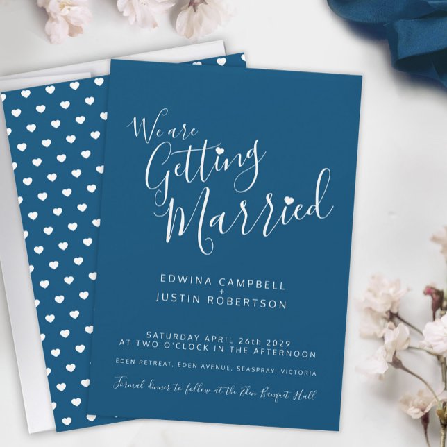 Simple text and heart blue white wedding invites (Creator Uploaded)