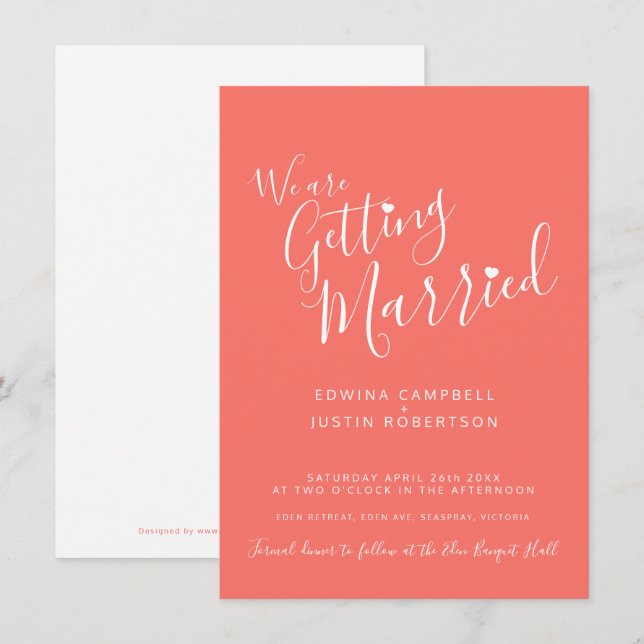 Simple text and heart coral white wedding invites (Front/Back)