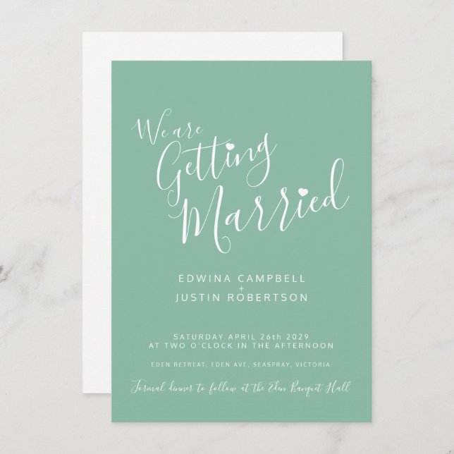 Simple text and heart green white wedding invites (Front/Back)