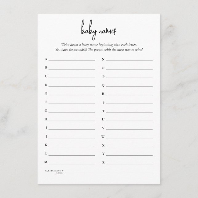 Simple Text Baby Names Shower Game Card (Front)