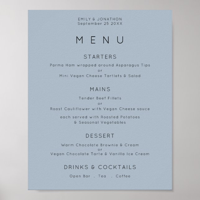 Simple Text Dusty Blue Wedding Menu Poster (Front)