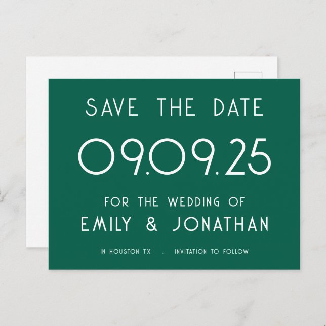 Simple Text Emerald Green Wedding Save the Date Announcement Postcard (Front/Back)