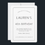 Simple Text Only Black White 40th Birthday Party Invitation<br><div class="desc">Simple Text Only Black White 40th Birthday Party  A fully customisable simple minimalist typography design with single line border for your fortieth,  which you can easily personalise with your details. Change the text,  border and background colours if you wish via the Edit further option.</div>