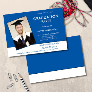Simple Text Photo Blue White Graduation Invitation