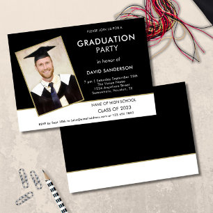 Simple Text Photo Gold White Black Graduation Invitation