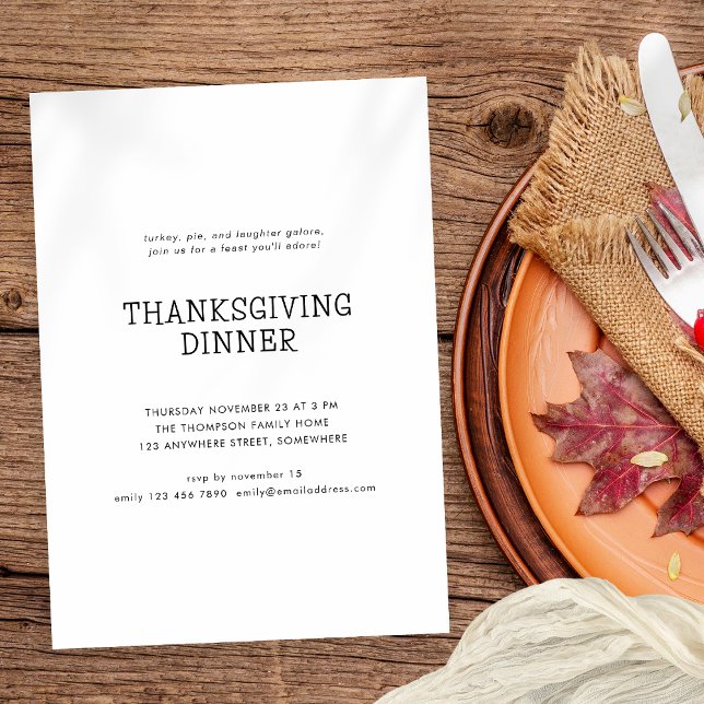 Simple Text Thanksgiving Dinner Black White Invitation (Available digitally and printed)