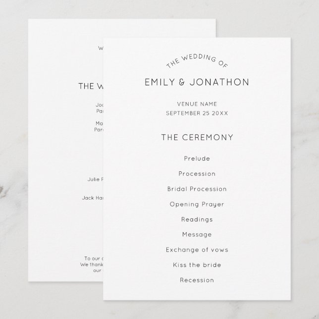 Simple Text Wedding Program Black White  Invitation (Front/Back)