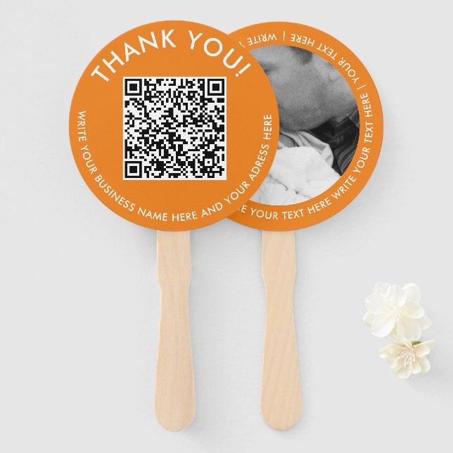 Simple Thank You Orange Website Scan QR Code Photo Hand Fan (Front and Back)