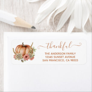 Simple Thankful Fall Floral Pumpkin Return Address