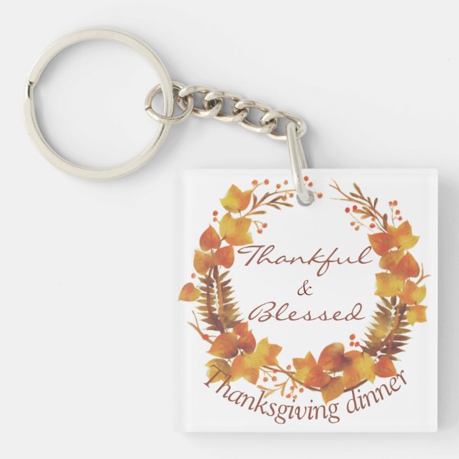 Simple Thanksgiving Dinner watercolor Leaves fall Key Ring (Front)