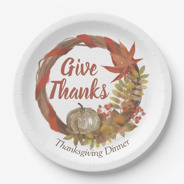Simple Thanksgiving Dinner watercolor Pumpkin fall Paper Plate (Front)