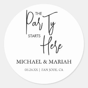 Simple The Party Starts Here Rehearsal Dinner  Classic Round Sticker