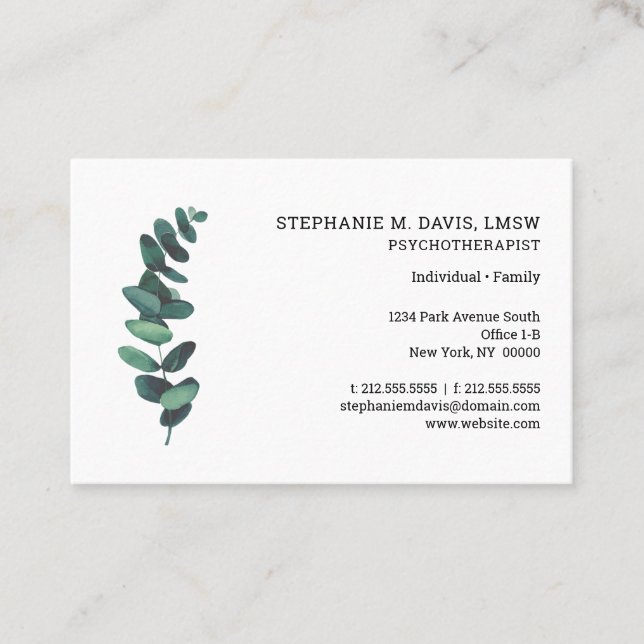 Simple Therapist Eucalyptus European Business Card (Front)