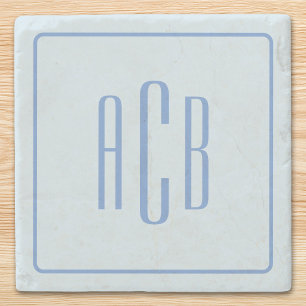 Simple Three Letter Blue Monogram Border Stone Coaster
