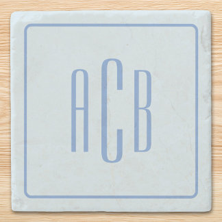 Simple Three Letter Blue Monogram Border Stone Coaster