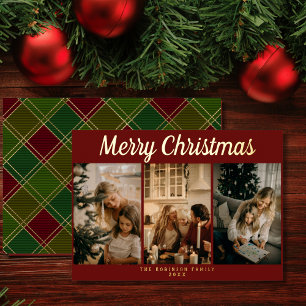 Simple Three Photo Collage Plaid Merry Christmas  Foil Holiday Card