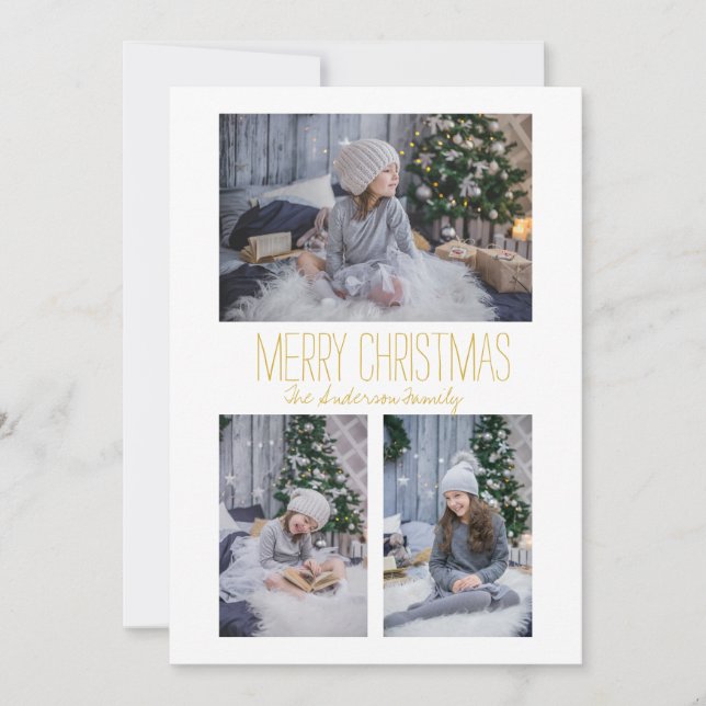 Simple Three Photo Family Holiday Card (Front)