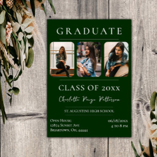 Simple Three Photo Graduation   Emerald Green Invitation