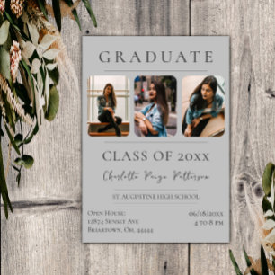 Simple Three Photo Graduation Grey Invitation
