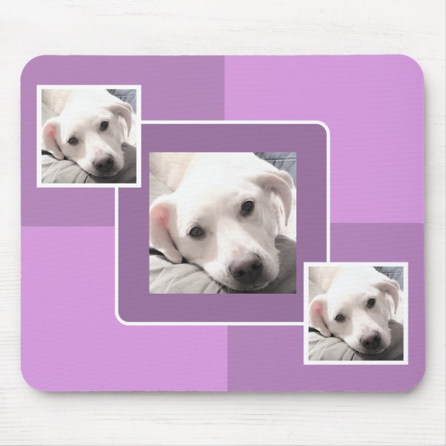 Simple Three Photo Modern Square Design Purple Mouse Mat (Front)