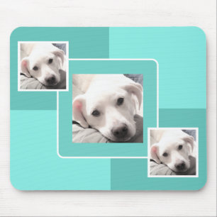 Simple Three Photo Modern Square Design Teal Blue Mouse Mat