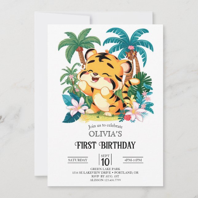 Simple Tiger 1st Birthday Digital Invitation (Front)