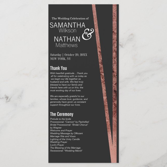 Simple Tilted Rose Gold Border Black Chic Wedding Programme (Front)