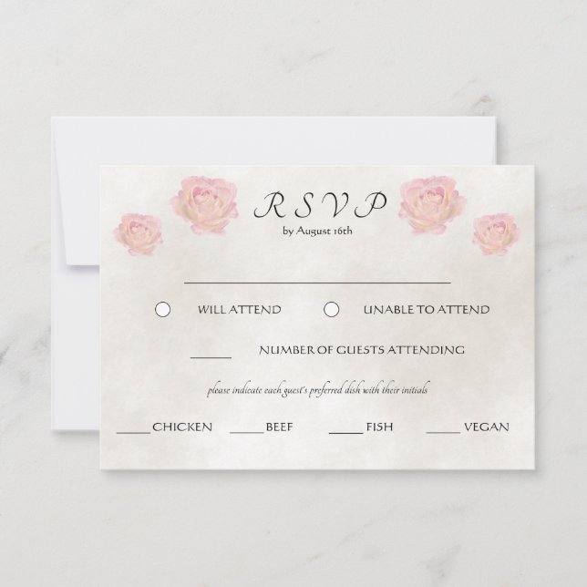 Simple Timeless Elegance Watercolor Rose Wedding RSVP Card (Front)