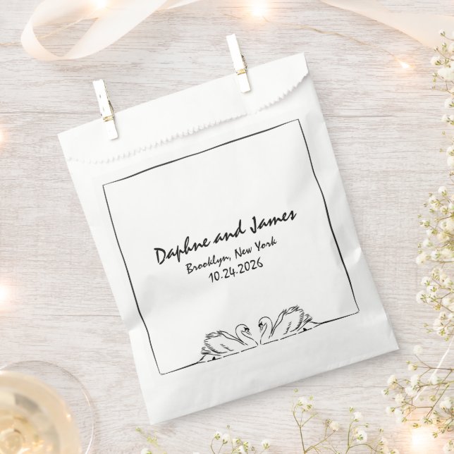 Simple Timeless Handwritten Swan Drawing Wedding Favour Bags (Clipped)