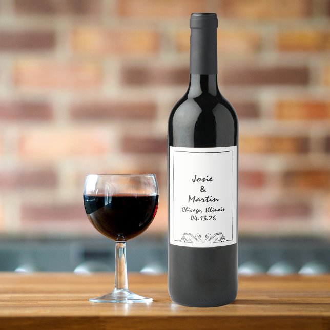 Simple Timeless Handwritten Swan Wedding Custom  Wine Label (Classic wine label with elegant swans for a romantic wedding. Timeless design with French charm.)