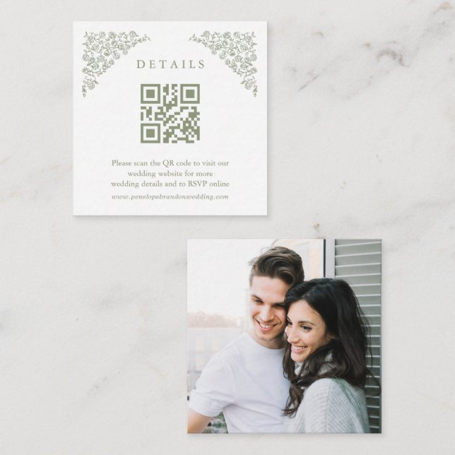 Simple Timeless Sage Green Photo Wedding Details Enclosure Card (Front/Back)