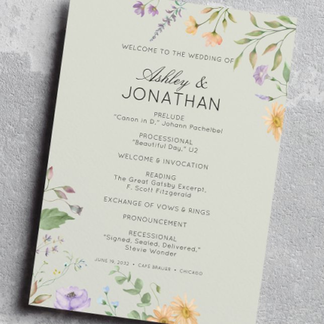 Simple, Timeless Wildflower Sage Green Wedding Programme (Creator Uploaded)
