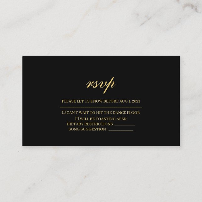 Simple Traditional Black & Gold Wedding RSVP Card (Front)