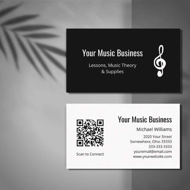 Simple Treble Clef QR code Music Lessons Black  Business Card (Creator Uploaded)