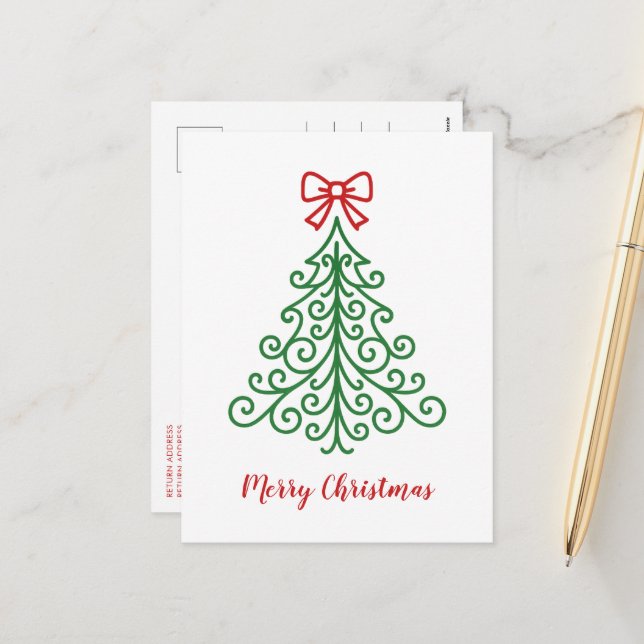 Simple Tree with Bow Modern Christmas Holiday Postcard (Front/Back In Situ)