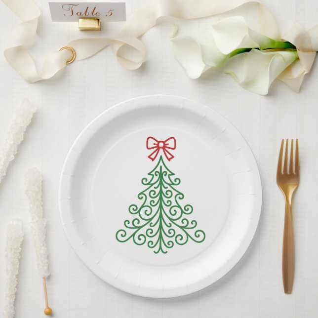 Simple Tree with Bow Modern Christmas Paper Plate (Wedding)
